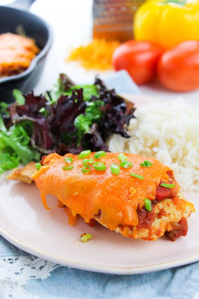 salsa chicken on plate with salad and rice 