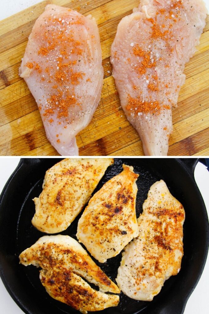 chicken breast on cutting board and then in skillet 