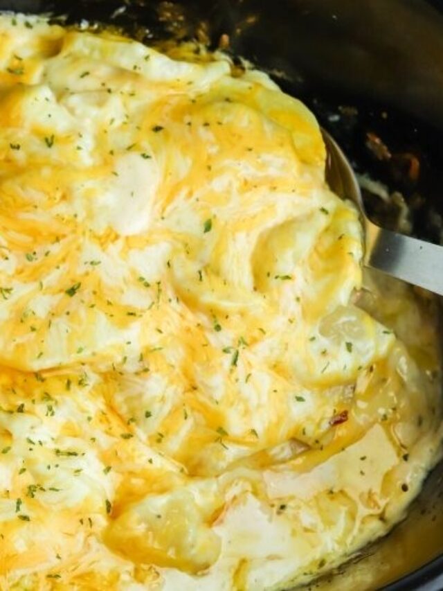 Cheesy Crockpot Au Gratin Potatoes Story • Bake Me Some Sugar