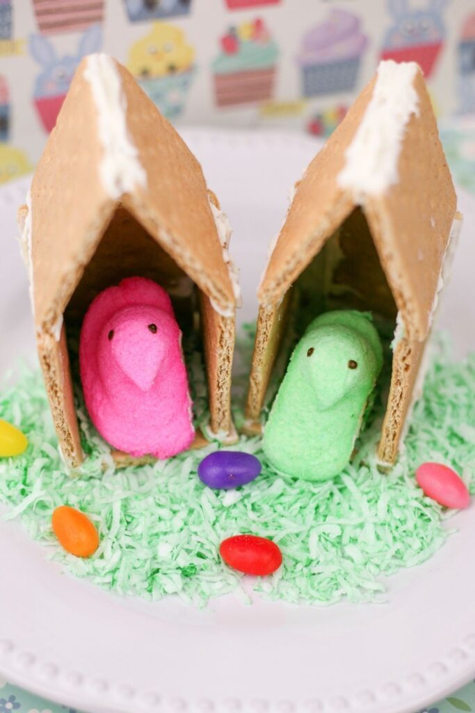 Easter peep houses on a plate 