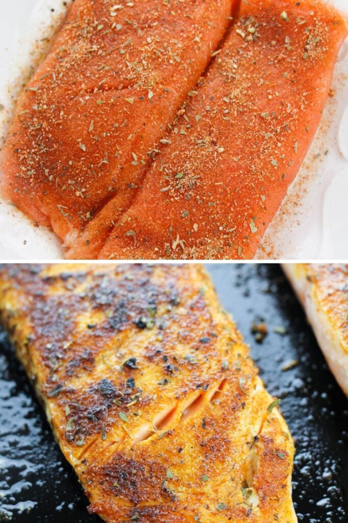 collage on how to pan sear salmon in a pan 