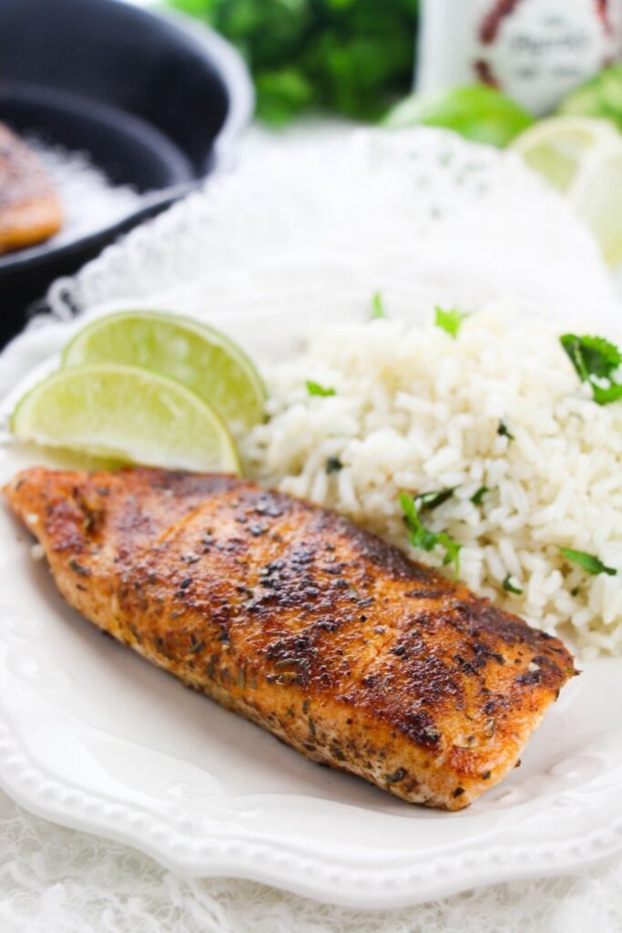 salmon and rice on plate