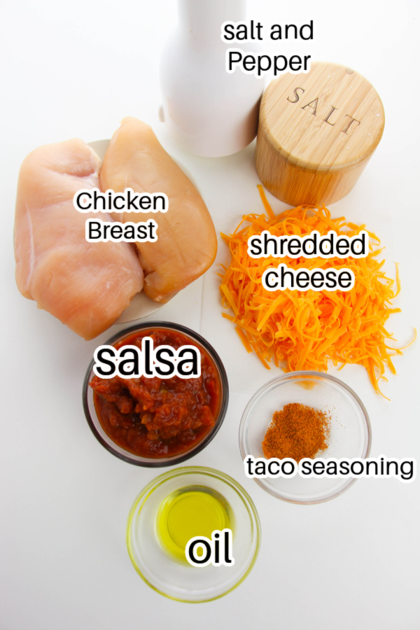 ingredients for salsa chicken on white table