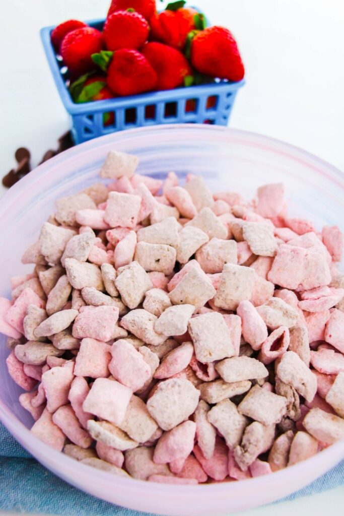 pink snack mix in a bowl