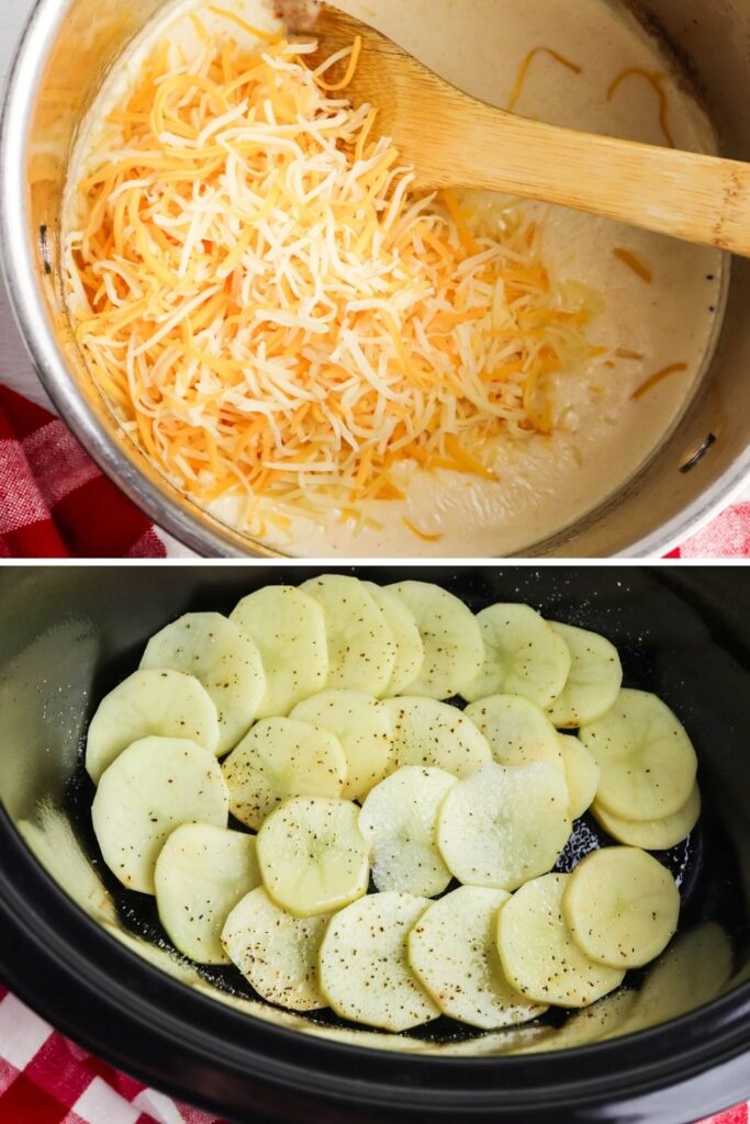 cheese sauce and then sliced potatoes in crockpot collage images 