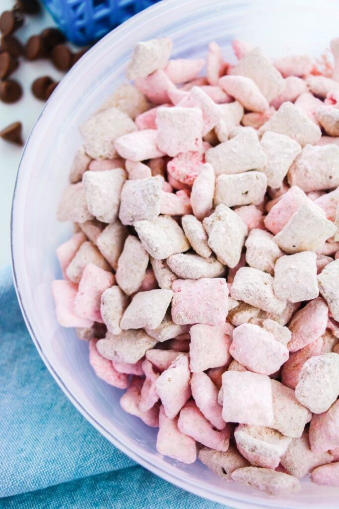 strawberry chocolate dessert mix in a bowl 