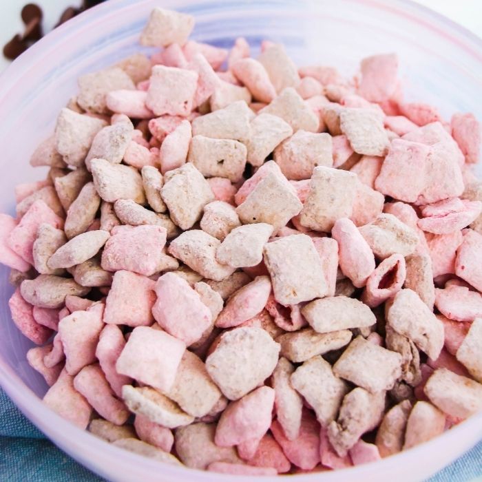 strawberry puppy chow in a bowl