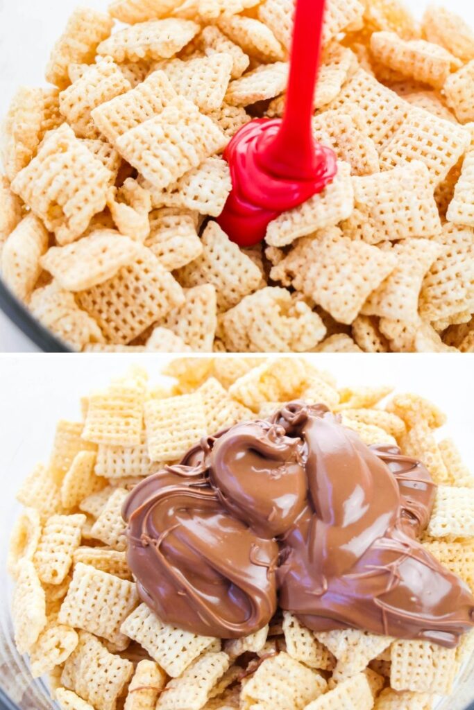 chocolate pouring over chex cereal in a bowl collage 