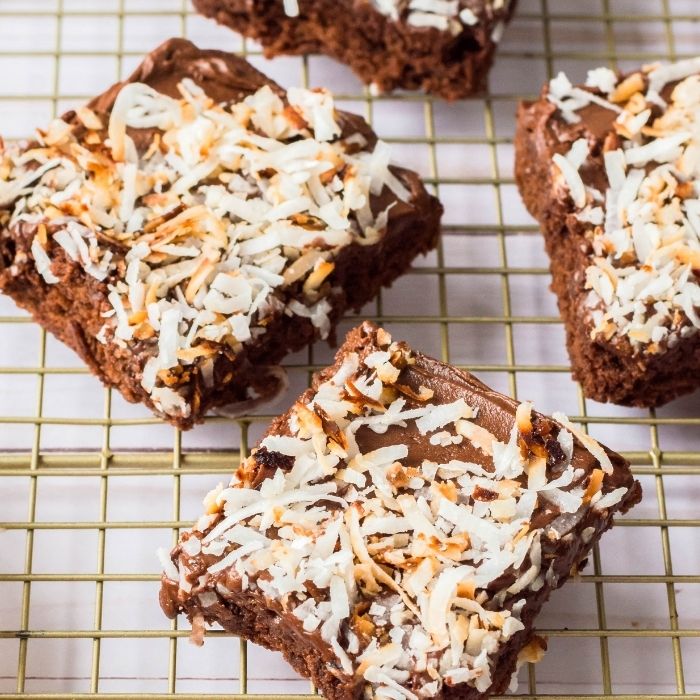 coconut brownies on cooling rack