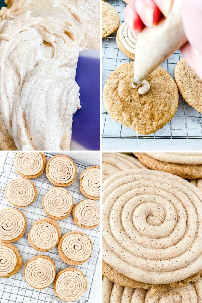 steps to frosting a Crumbl cookie collage