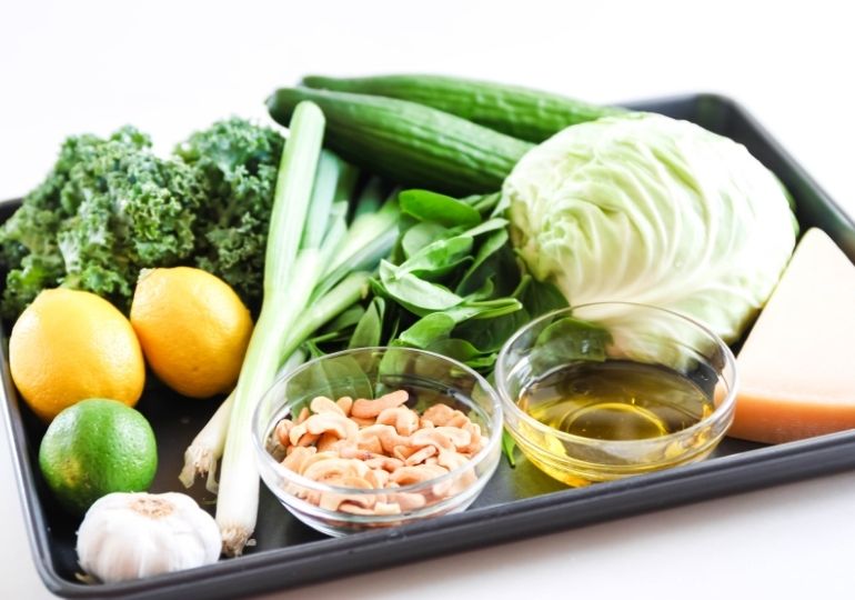 goddess salad ingredients on cookie sheet