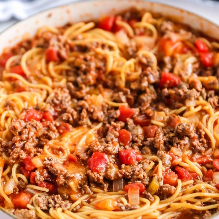 taco spaghetti in a pan on table 