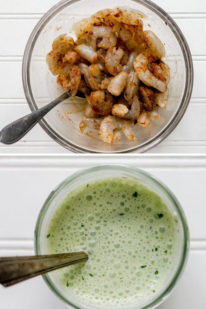 cilantro crema in a bowl and seasoned shrimp 