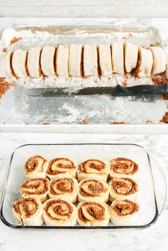 cinnamon cinnabons cutting and placing in pan to rise 