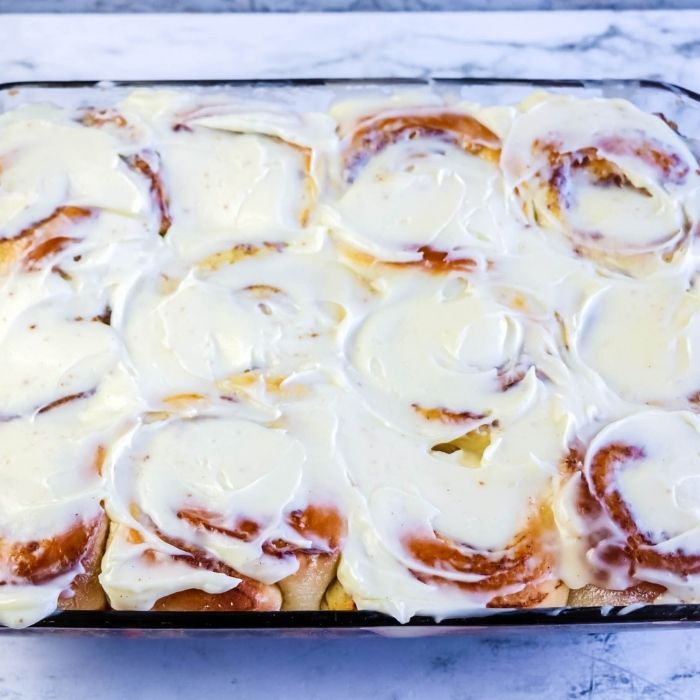 overhead shot of cinnamon rolls in pan 