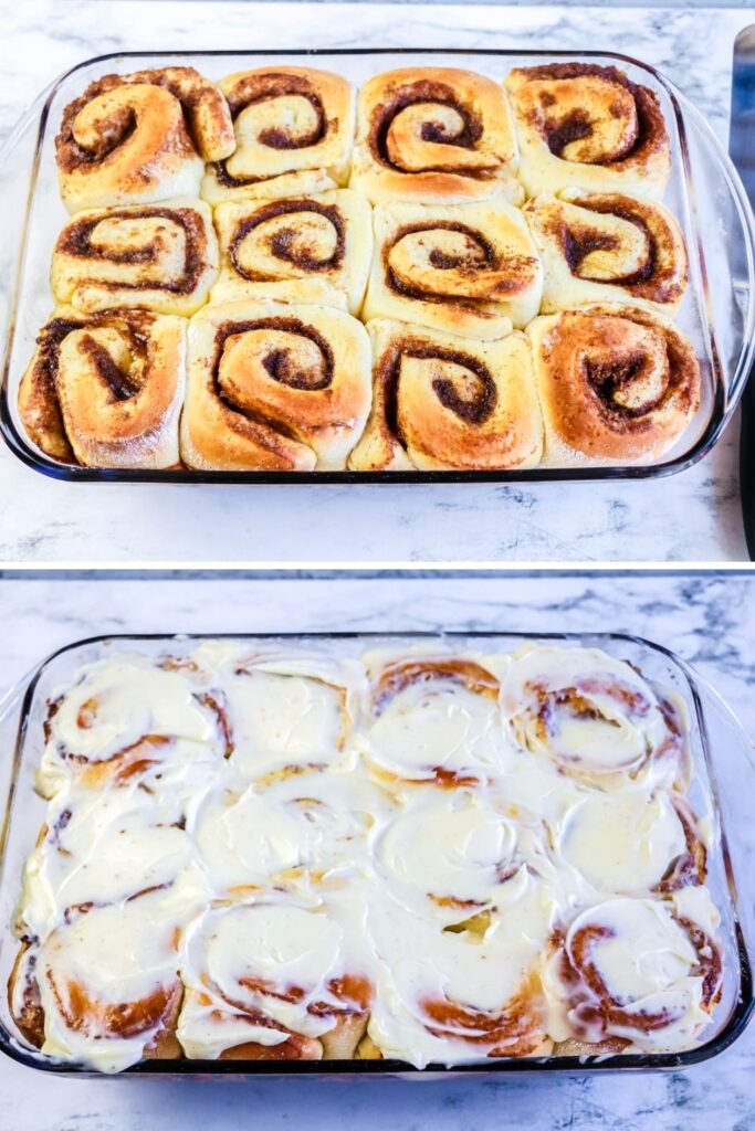 two pictures of cinnamon rolls done in pan and then image frosting 