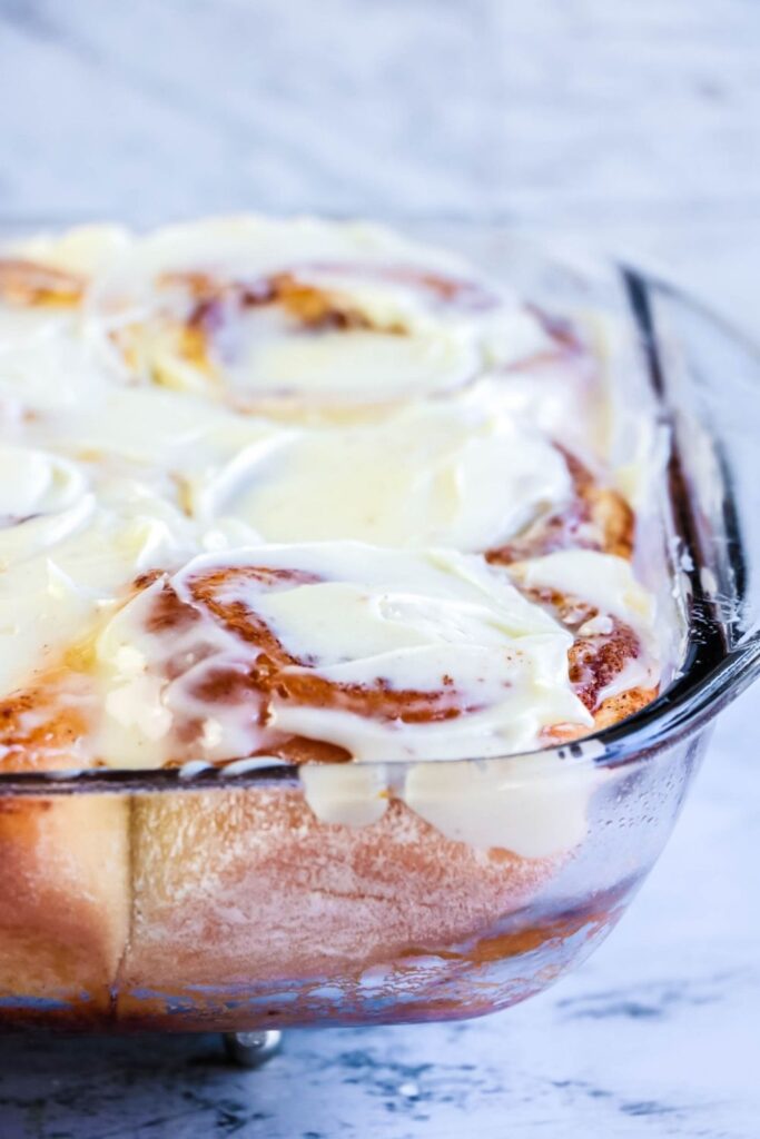 Cinnamon rolls close up in glass dish