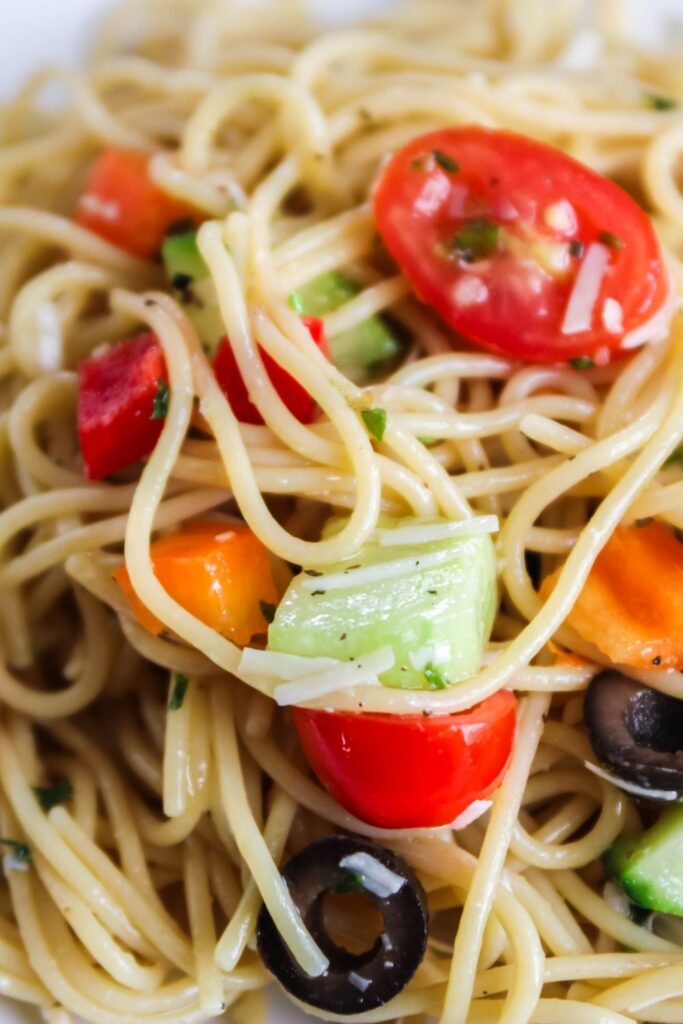 italian dressing spaghetti salad on plate