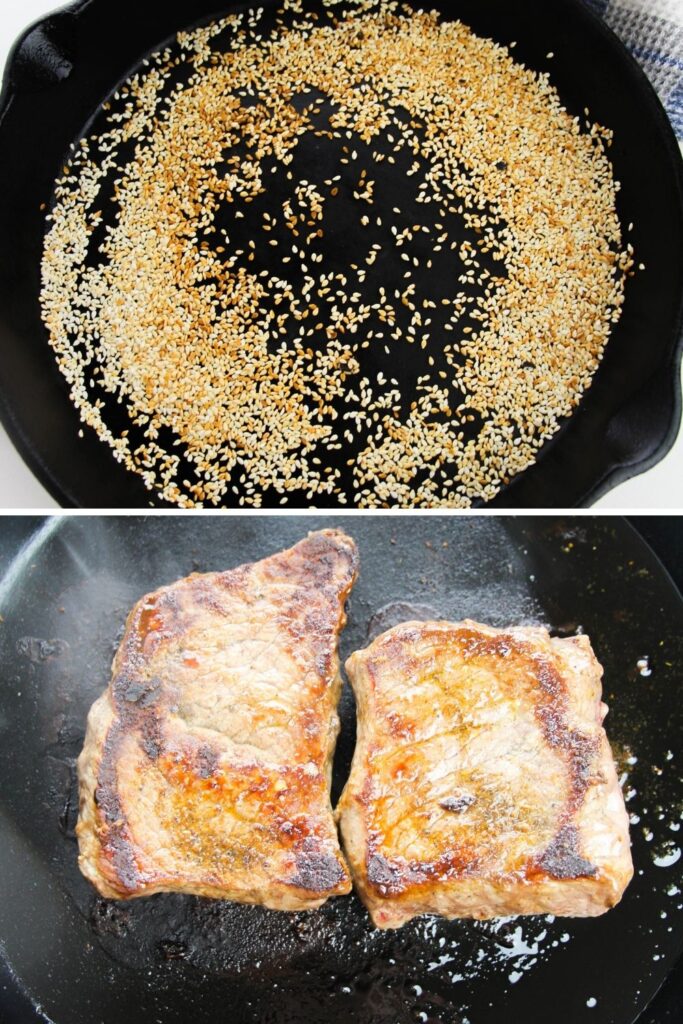 toasting sesame seeds in top picture and bottom picture searing steak in skillet