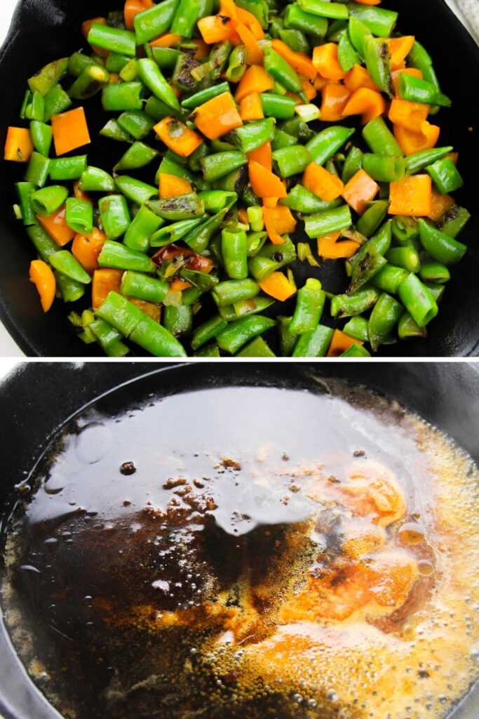 veggies in skillet and sauce in skillet on bottom picture 