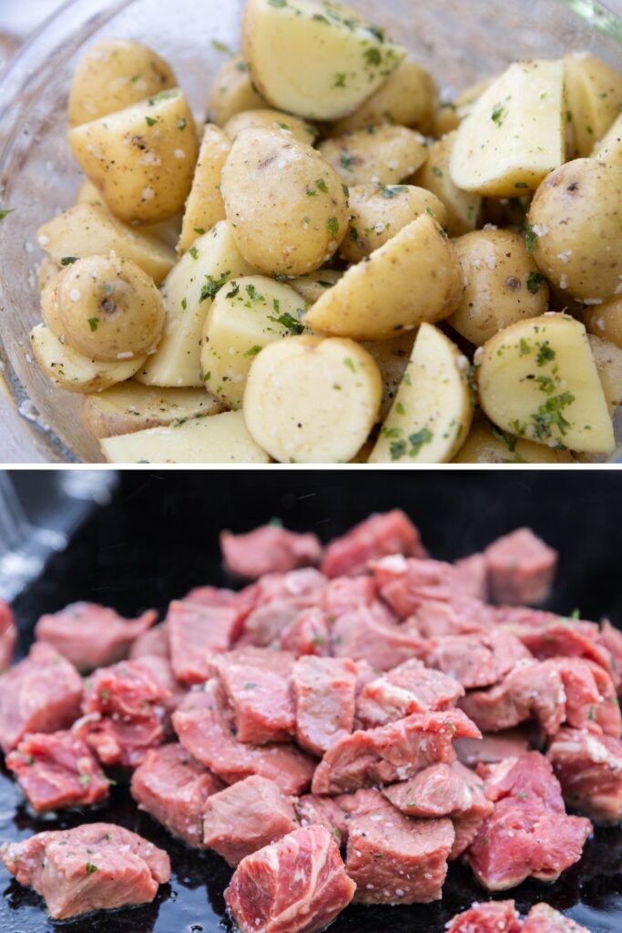 top bowl potatoes and bottom steak bites 