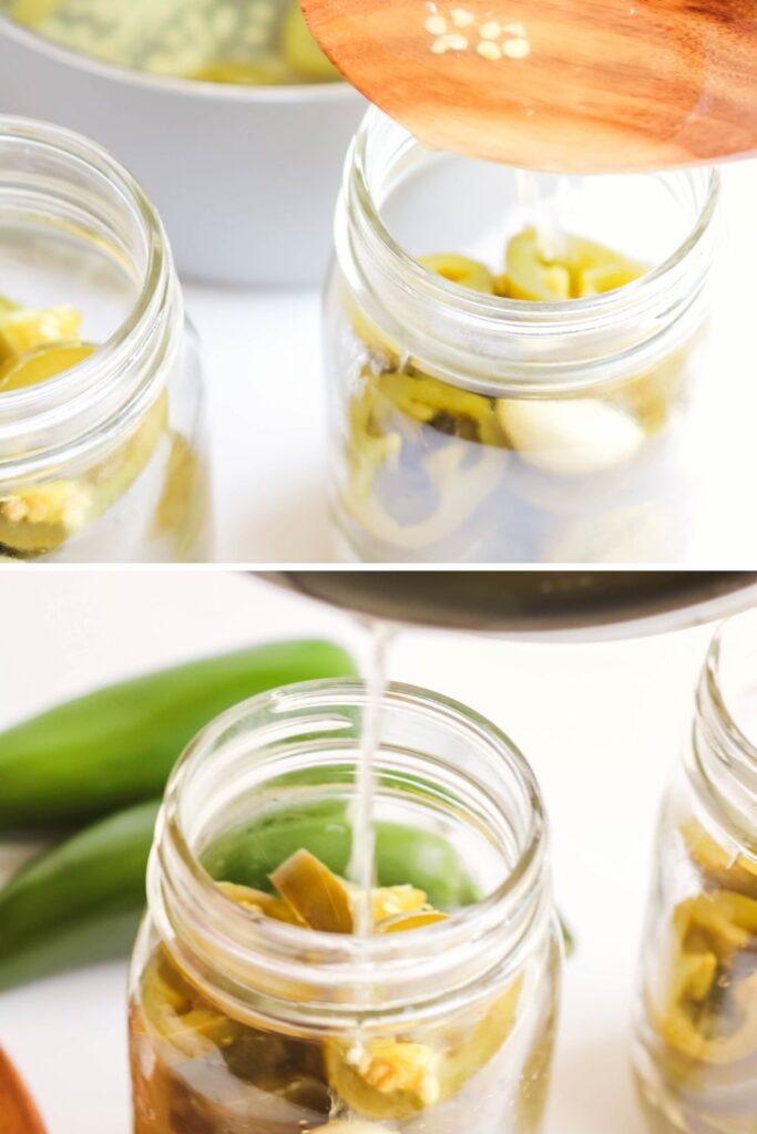 two pictures showing how to pickle jalapenos