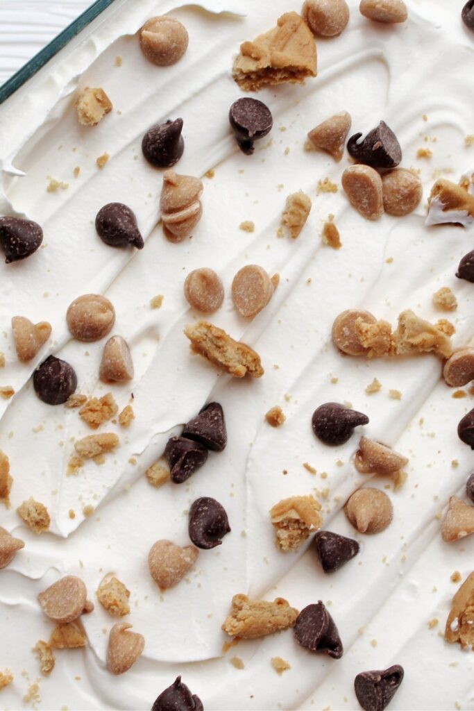 overhead picture of peanut butter and chocolate in pan