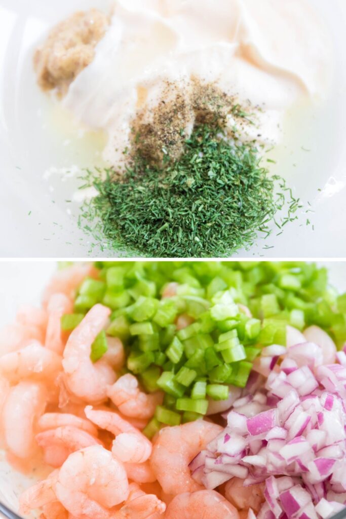 collage on how to make shrimp salad 