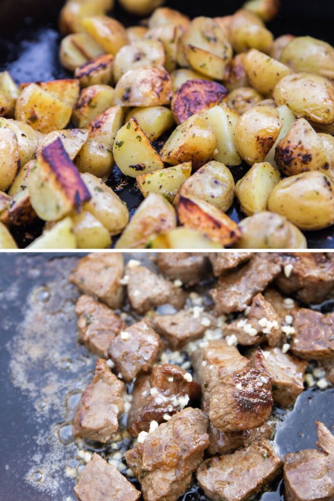 collage of steak bites with potatoes