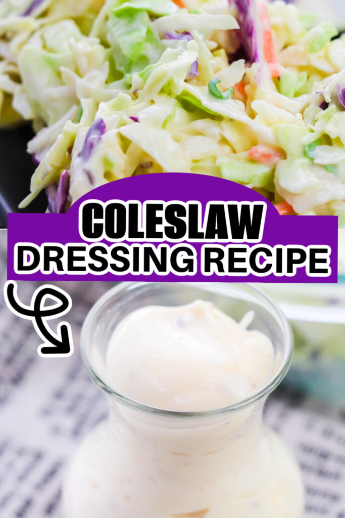 Picture of coleslaw on top and bottom a jar of the coleslaw dressing