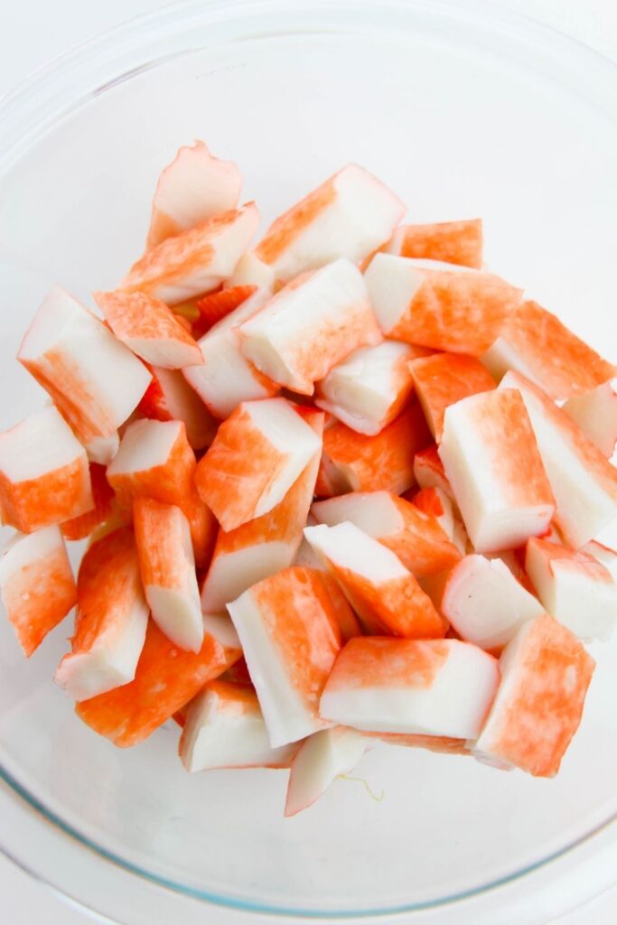 diced up crab meat in a bowl on table 