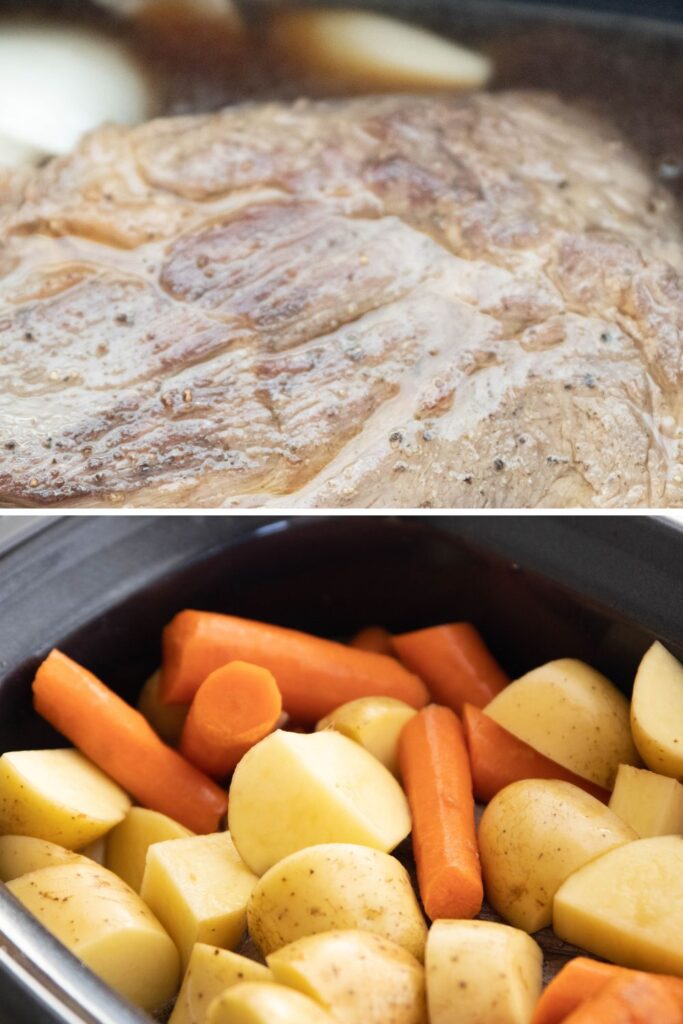 roast on top picture and veggies on top in second picture 