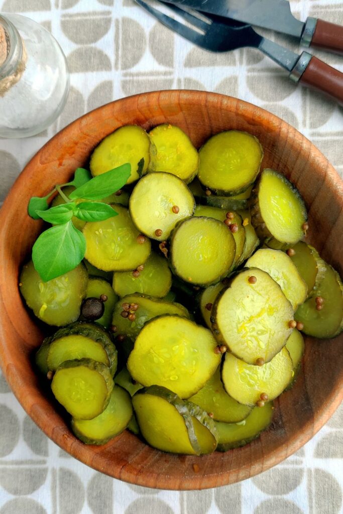 quick refrigerator pickles in a wooden bowl 