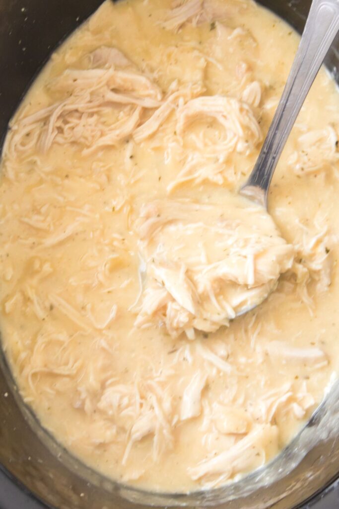 chicken gravy in crockpot with ladle in it 