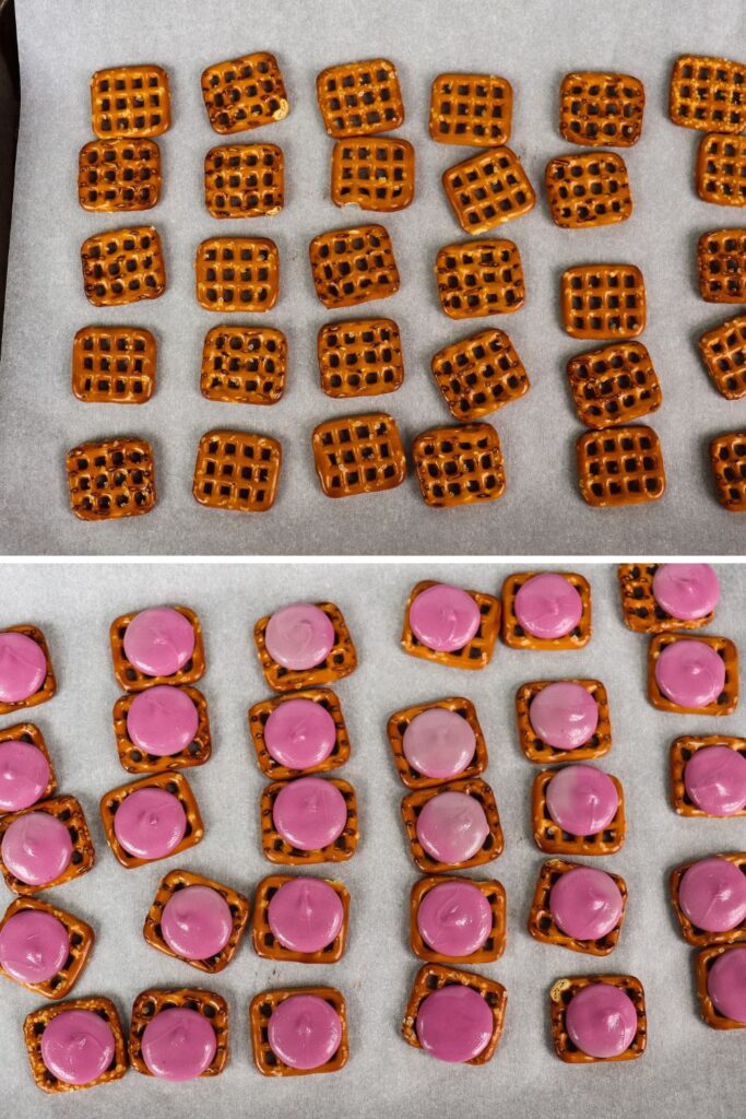 collage of how to make chocolate topped pretzels for Halloween