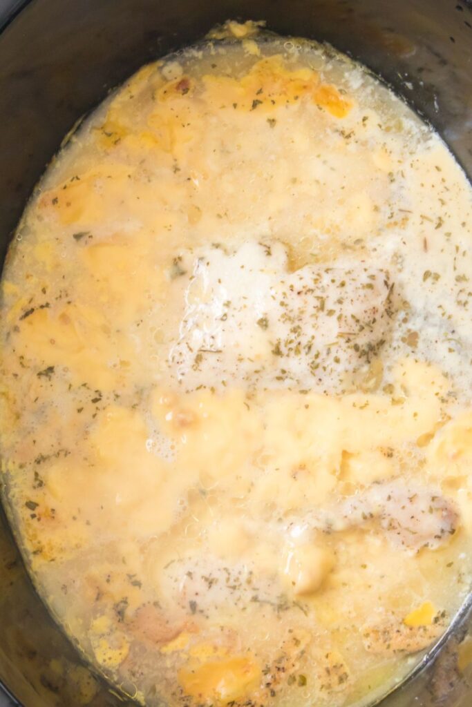 overhead shot of chicken and gravy in crockpot