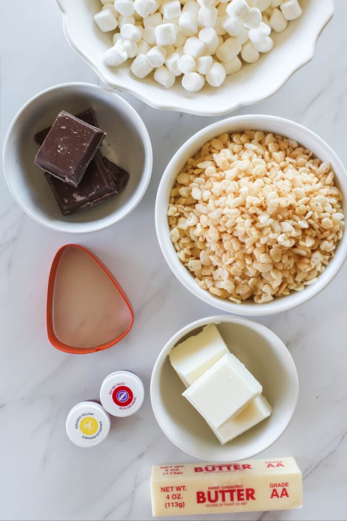 ingredients for rice krispie treats on a marble table