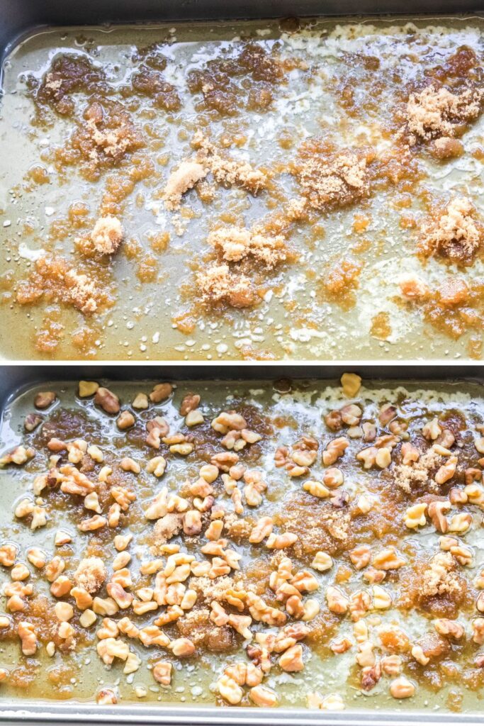 steps on how to make a brown sugar and butter in pan and then nuts on top of it 