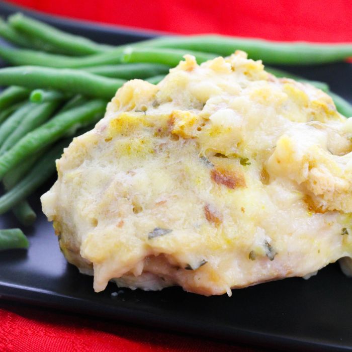 swiss chicken on plate with green beans on it placed on table 