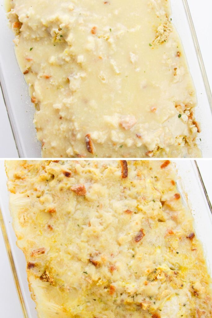 overhead view of chicken casserole raw and then bottom picture is cooked 