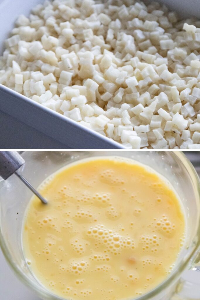 hash browns in a casserole dish on table, then bottom picture is scrambled eggs in a mixing bowl with whisk 