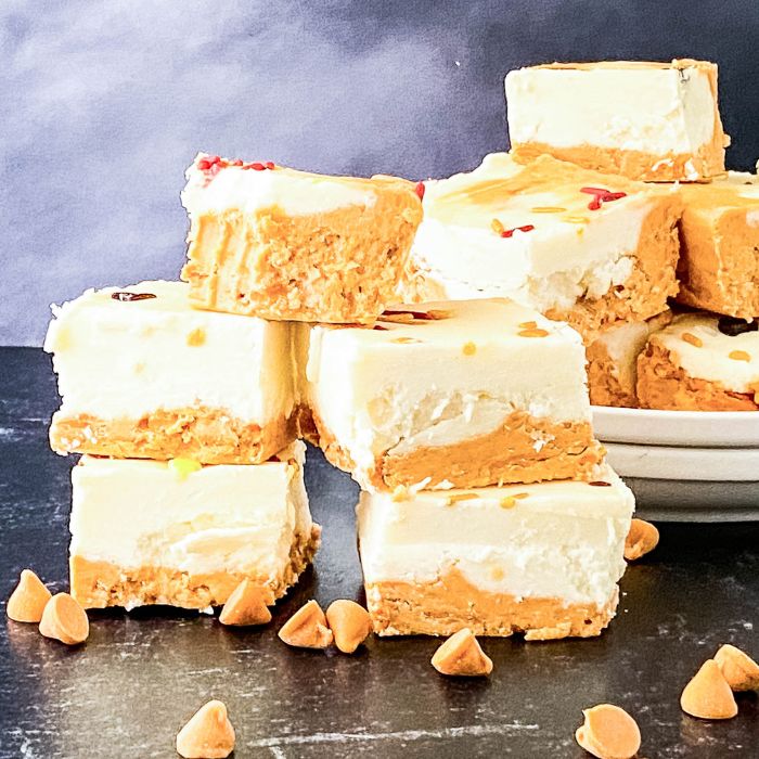 butterbeer fudge on black table stacked on top of each other 