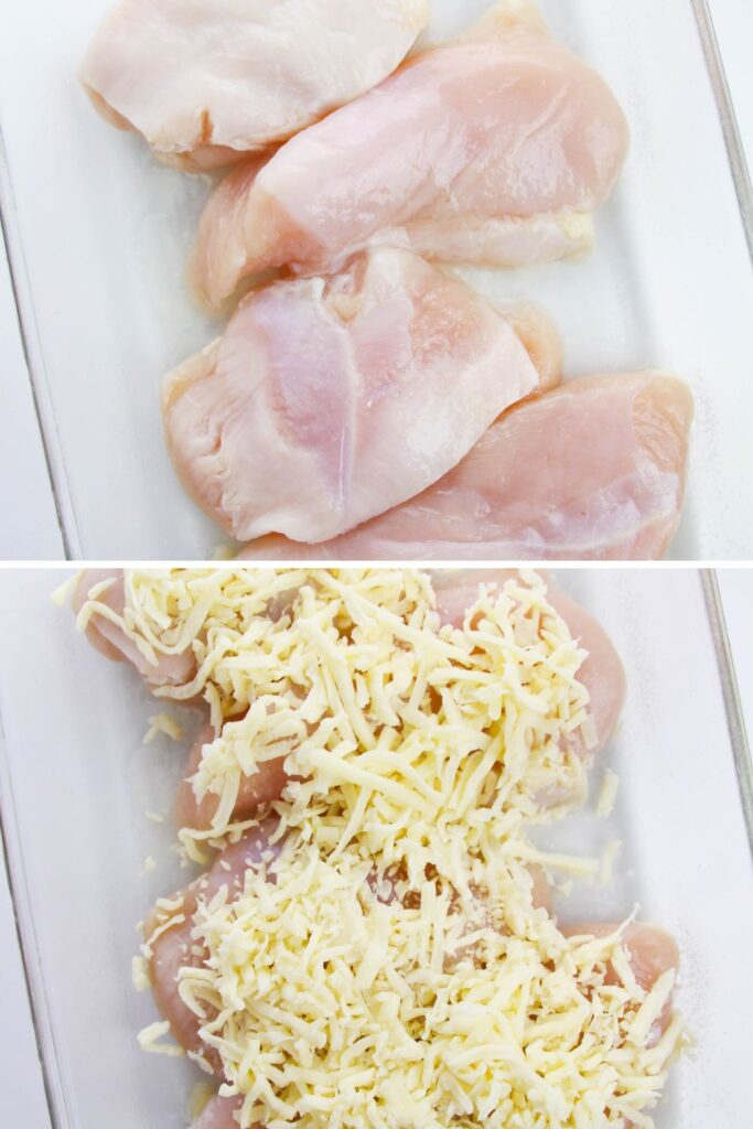 collage of raw chicken in casserole dish, then cheese on top of raw chicken in pan 