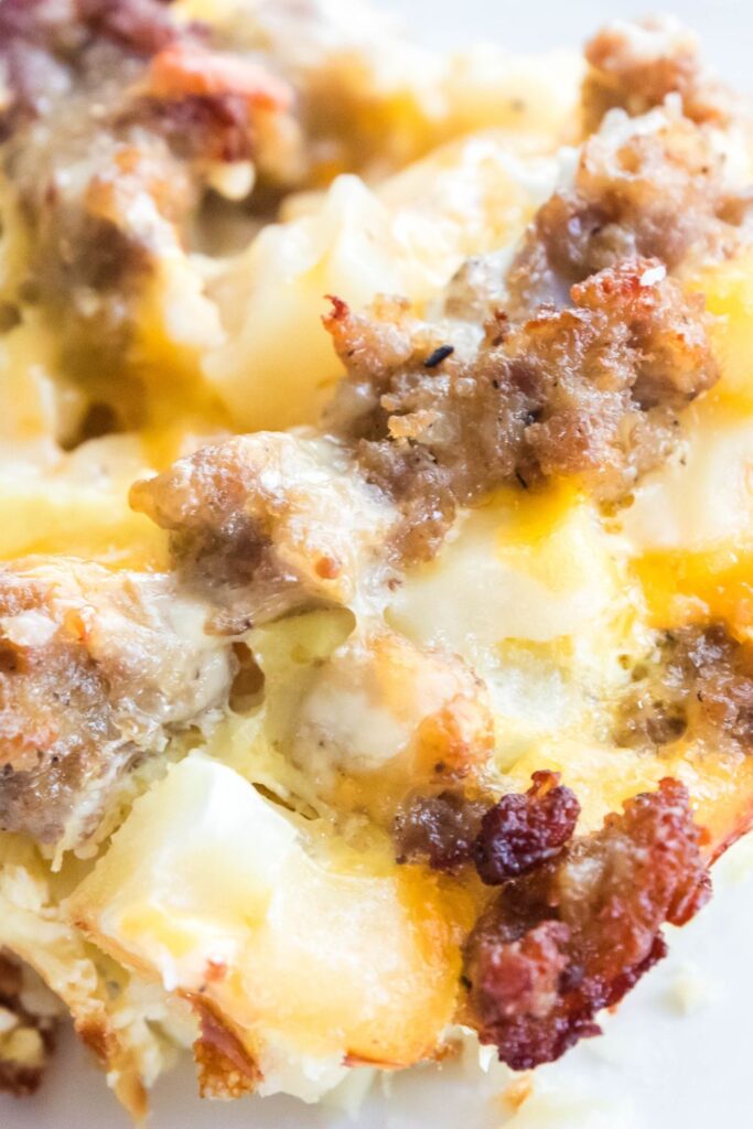 close up of breakfast casserole on plate