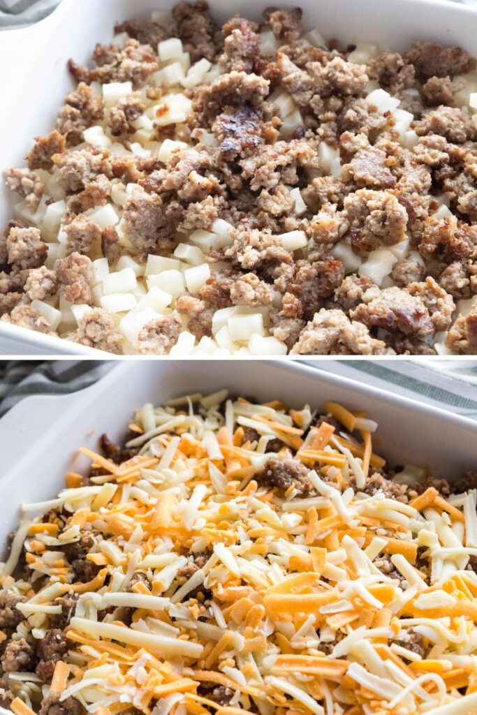 collage of top image ground sausage on top of frozen hashbrowns in pan, and then second picture is cheese on top of sausage in pan 