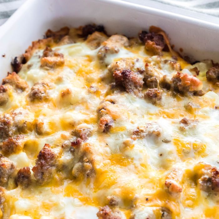 side view of breakfast casserole in white ceramic dish