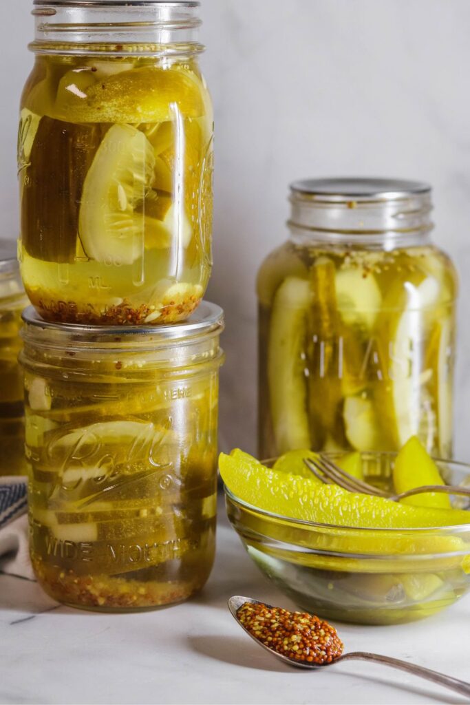 horseradish sweet pickles recipe in a jar on counter 