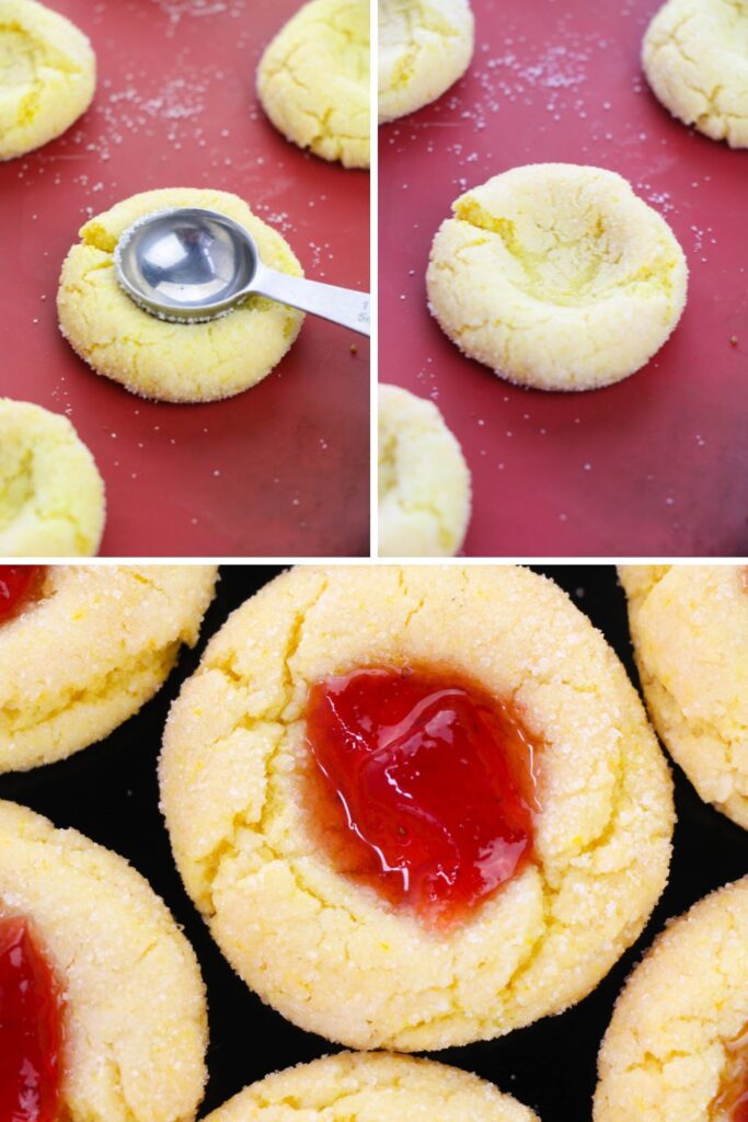 showing in a collage on to fill thumbprint cookies with jam