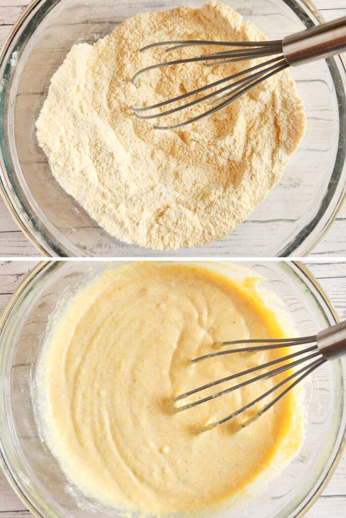 showing a collage of how to make cornbread in glass bowl 