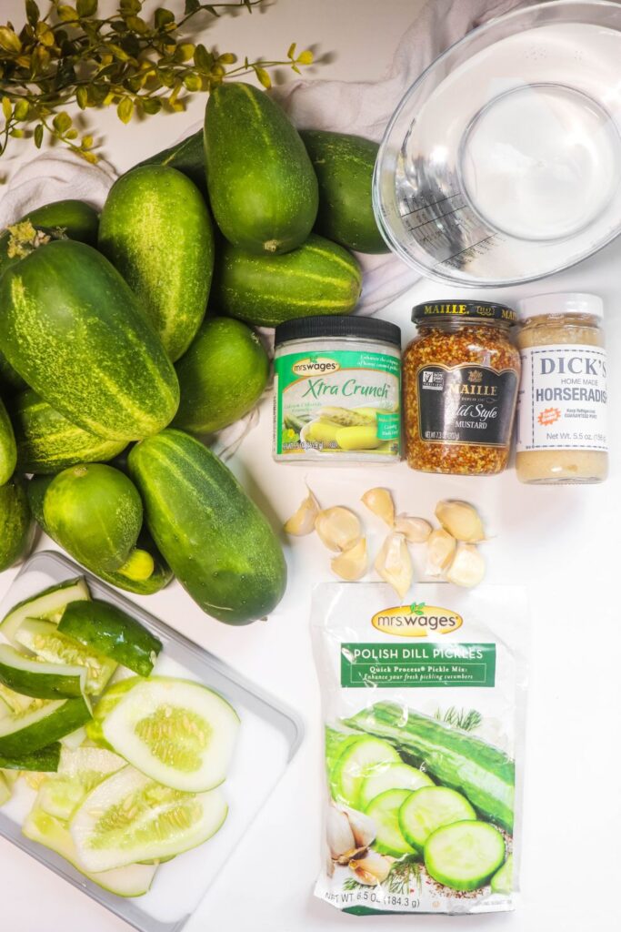 ingredients to make pickles on white counter 